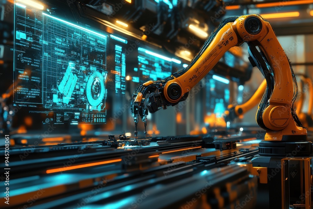 Poster a futuristic industrial setting featuring robotic arms working on a production line with holographic