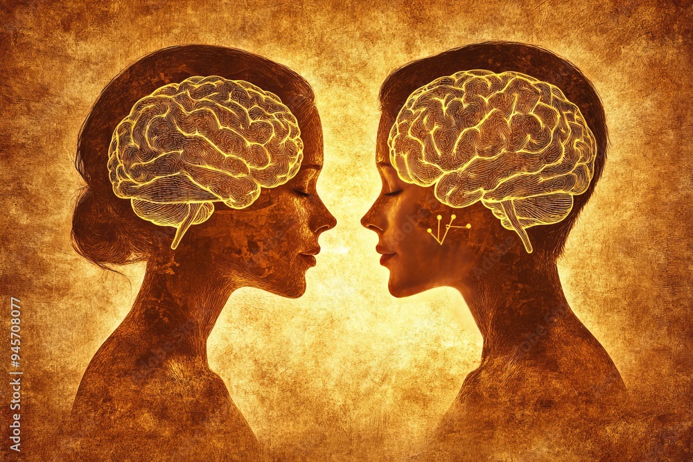 Poster cosmic themed digital artwork of a couple with glowing neural connections symbolizing the universal 