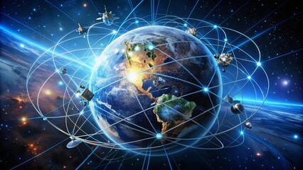 Fototapeta premium A futuristic globe surrounded by orbiting satellites, radiating lines, and digital connections, representing the intersection of global communication, navigation, and technology.