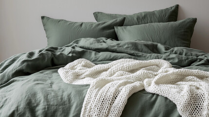 Green bedding with white knit blanket cozy modern minimalist bedroom decor neutral tones scandinavian design soft furnishings restful inviting home interior clean elegant stylish comfortable sleep spa
