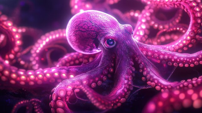 Digital art of a pink octopus featuring glowing tentacles in a surreal setting. The luminous and vibrant design creates a captivating and imaginative visual.