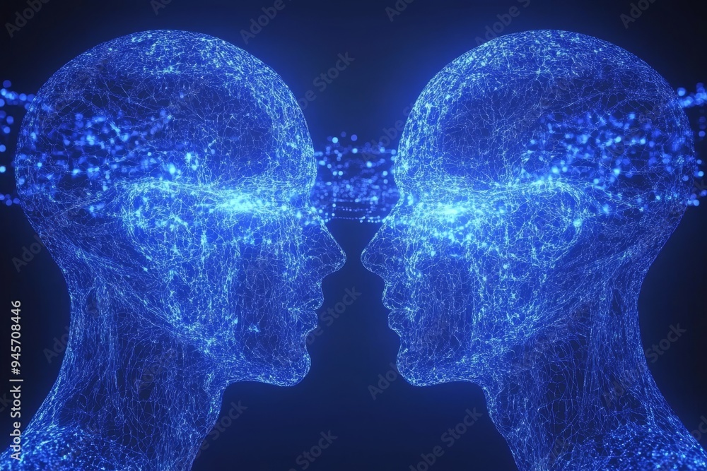 Poster futuristic digital illustration of two faces with glowing brains symbolizing the shared knowledge an