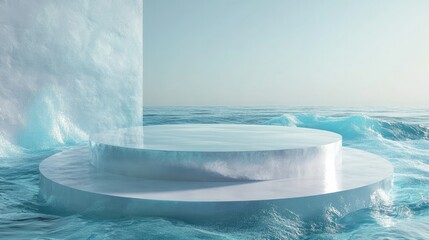 Elegant 3D render with a round showcase platform on water and sand, complemented by glass wall panels. Ideal for modern promotions and clean, blue-themed product display backgrounds.