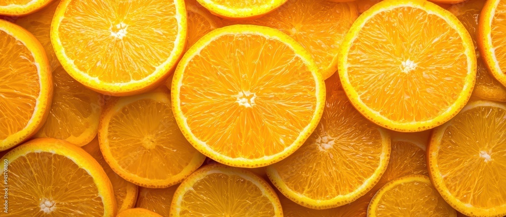 Poster close-up sliced oranges in vivid warm light creating a vibrant and refreshing summer atmosphere