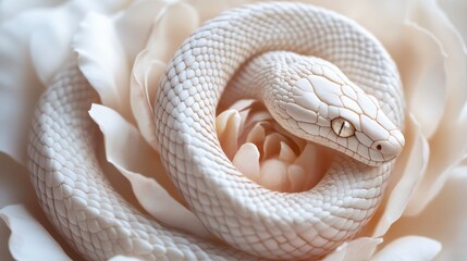 Fototapeta premium Elegant white snake coiled around a rose, creating a stunning visual contrast. The intricate details highlight the beauty of both the snake and the flower.