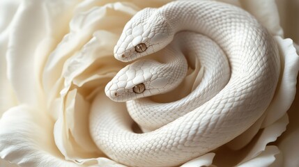 Fototapeta premium Elegant white snake coiled around a rose, creating a stunning visual contrast. The intricate details highlight the beauty of both the snake and the flower.