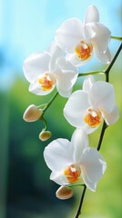 White Orchids in Nature with Sunlight and Background Greenery, Focus on Natural Beauty and Serenity