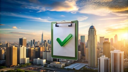 A green checkmark icon on a clipboard with a cityscape background, symbolizing urban planning and development feasibility studies and project assessments.