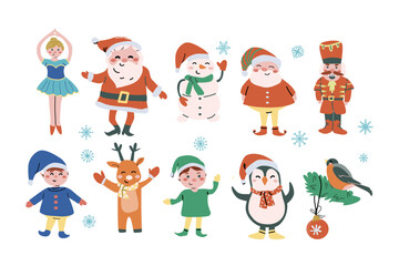Cute xmas santa, deer, snowman, penguin and other fairy characters set. Traditional New Year stickers persons and animals collection