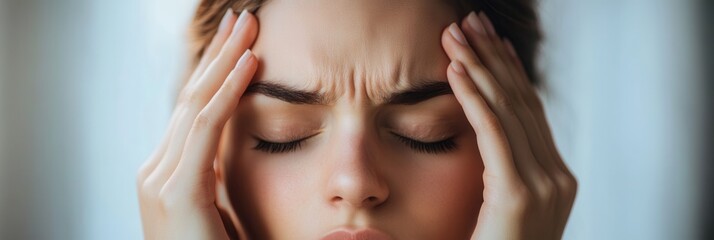 Fototapeta premium Individual sits with closed eyes and hands on head, clearly overwhelmed by stress and anxiety in a calming indoor environment. Generative AI
