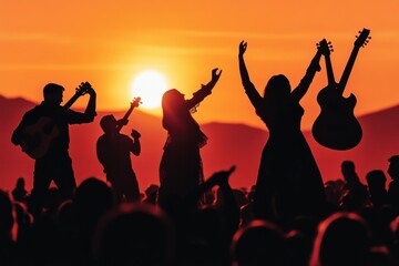 Hispanic Music Festival: A concert scene with musicians on stage playing Latin instruments, with a crowd dancing and enjoying the performance.