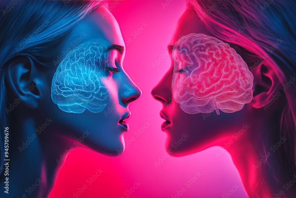 Poster vibrant digital illustration of two women with glowing brains facing each other symbolizing the inte