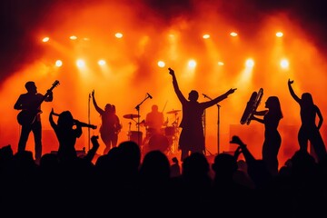 Hispanic Music Festival: A concert scene with musicians on stage playing Latin instruments, with a crowd dancing and enjoying the performance.