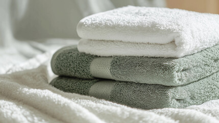 Sage green white towels soft luxury texture cozy fabric bathroom essentials modern decor banner copy space fresh clean neutral tones spa advertisement home interior sale