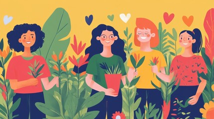Lesbian couple working in the garden together, planting and watering potted plants. Two happy female friends tending to vegetables in the garden. Concept of homosexuality. Illustration.