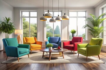 Minimalist interior design of modern living room with vibrant colorful multicolored armchairs.