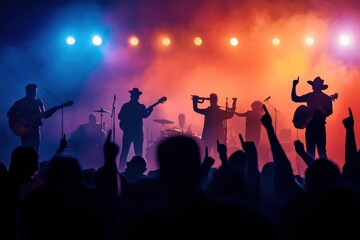 Hispanic Music Festival: A concert scene with musicians on stage playing Latin instruments, with a crowd dancing and enjoying the performance.