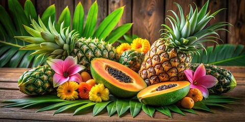 Vibrant fresh pineapple and papaya fruits arranged harmoniously on a rustic wooden background, surrounded by lush green leaves and subtle tropical floral accents.