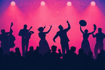Fototapeta premium Hispanic Music Festival: A concert scene with musicians on stage playing Latin instruments, with a crowd dancing and enjoying the performance.