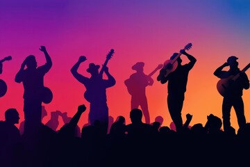 Fototapeta premium Hispanic Music Festival: A concert scene with musicians on stage playing Latin instruments, with a crowd dancing and enjoying the performance.