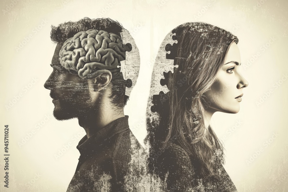 Poster abstract monochrome portrait of a couple with exposed brains symbolizing the deep intellectual and e