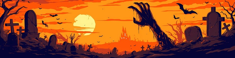 Creepy dirty zombie hand rising on night evil cemetery. Monster rising from the grave. Flat cartoon style. Trick or Treat. Holiday Halloween concept. Illustration for banner or poster with copy space