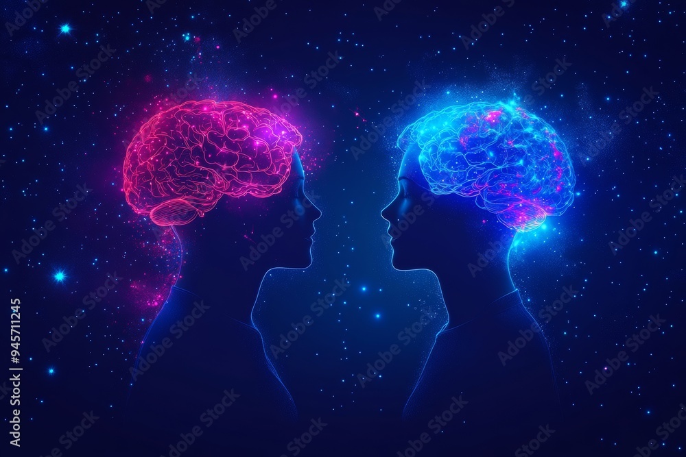 Poster vibrant digital illustration of two figures facing each other with glowing brains symbolizing the dy