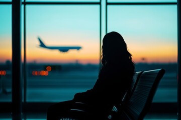 travel by plane, woman passenger waiting in airport, silhouette of passenger watching aircraft taking off , ai