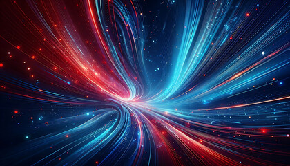 Obraz premium Abstract digital artwork featuring vibrant blue and red light trails swirling against a dark background with glowing dots that add depth and dimension to the design