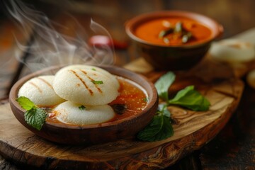 South Indian food.Indian idly or idli.Sambar coconut chutney.A plate of steaming idlis accompanied by a bowl of sambar, styled on a rustic wooden table with ample copy space