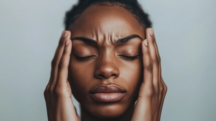 Fototapeta premium This young individual with closed eyes shows signs of stress and anxiety, resting hands on their head in a tranquil indoor environment. Generative AI