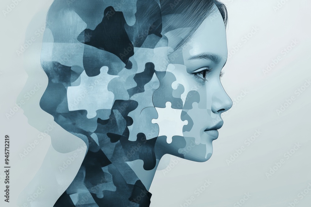 Poster abstract digital portrait of a woman with fragmented features symbolizing the complexity of thoughts