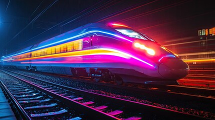 Fototapeta premium A high-speed train illuminated by RGB lights, captured in a long exposure, the train's outline blurred and transformed into streaks of color racing across the frame