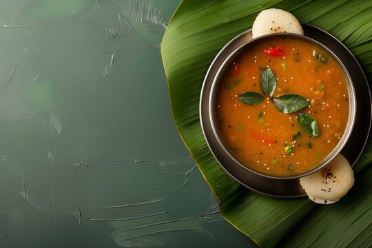 A bowl of hot sambhar served with idlis on a banana leaf, ample copy space.South Indian food.Indian idly or idli.Sambar coconut chutney.