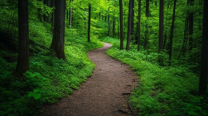 Obraz premium Scenic view of a peaceful hiking trail with lush greenery, capturing a balanced lifestyle Healthy Balance Routine, Nature Walk