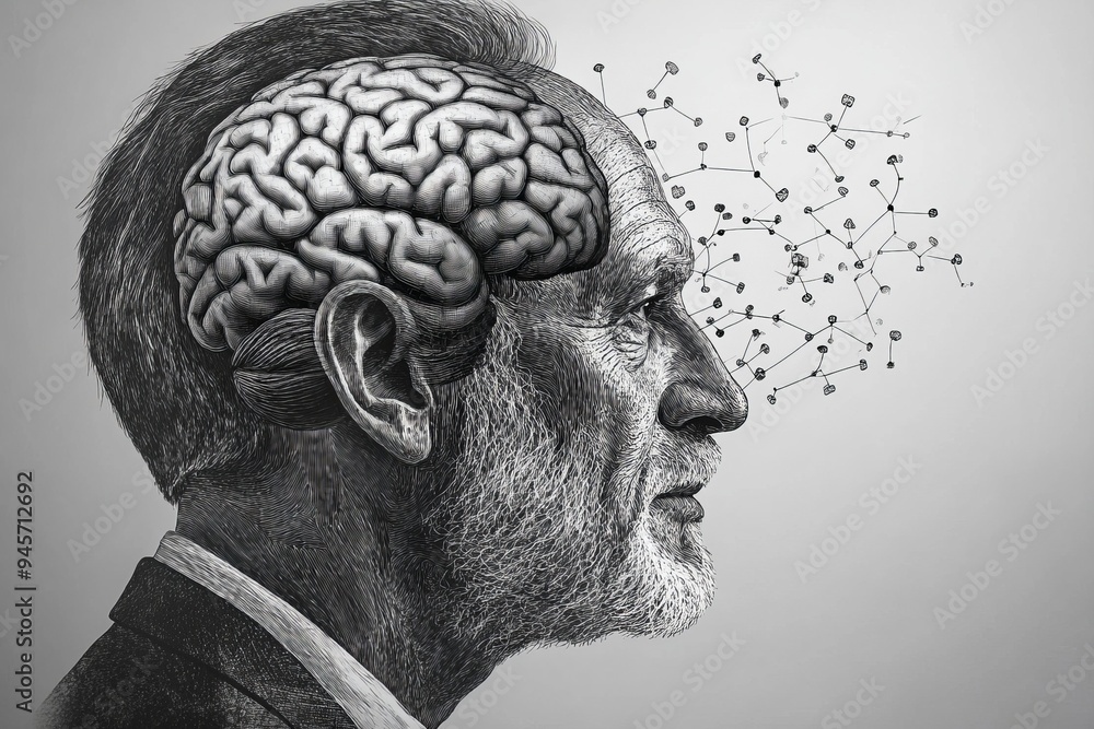 Poster monochrome portrait of an elderly man with an exposed brain symbolizing the intellectual depth wisdo