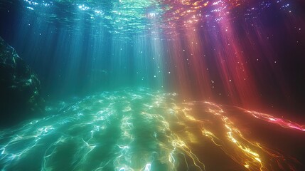 An underwater shot of RGB lights shining through the surface, creating ripples of red, green, and blue that dance across the ocean floor, evoking a sense of otherworldly beauty