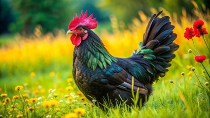 Fototapeta premium A majestic black hen with iridescent feathers and bright red comb struts confidently in a lush green meadow amidst scattered golden hay and wildflowers.
