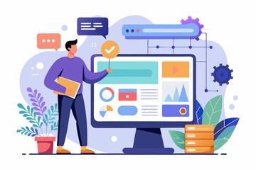 Build website with template customization, SEO optimization for search result, develop app or wireframe, customizable software development concept, hands help building website on computer screen.
