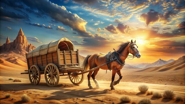 A majestic horse pulls a wooden wagon adorned with intricate carvings through a serene, sun-drenched desert landscape with vast open skies and distant mountains.