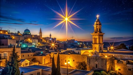 Fototapeta premium A majestic star shines brightly in the night sky above the ancient city of Bethlehem, its gentle light illuminating the historic Church of the Nativity.