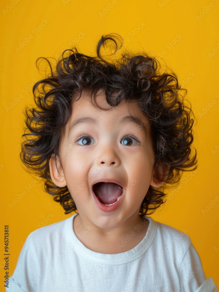Poster the child shows pure happiness with a wide smile and curly hair in front of a bright yellow backdrop
