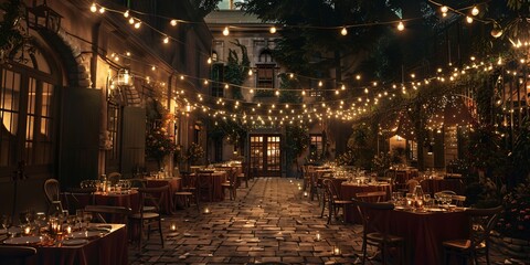 Obraz premium Historic courtyard dining experience, Dinner gathering in historic courtyard