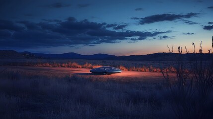 Fototapeta premium Dramatic Dusk Landscape with Mysterious Silhouettes in Rural Field