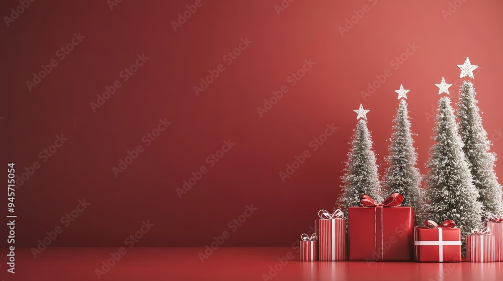 Fototapete minimalist red christmas background featuring pine trees and gifts. the simple design highlights the