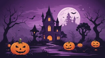 Fototapeta premium Happy Halloween banner or poster, papercut background in purple orange colors with bats. Full moon in orange sky, purpke wavy forest and trees, and flying bats. Halloween wallpaper in paper cut style.