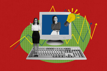 Composite trend artwork sketch image photo collage of business lady manager stand appear display pc...