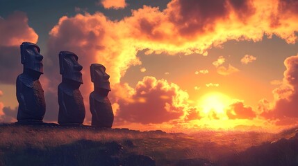 Enigmatic Moai Statues Against Glowing Sunset Backdrop on Easter Island