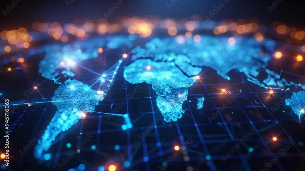 Poster an illuminated world map that showcases intricate digital networks and connections across various re