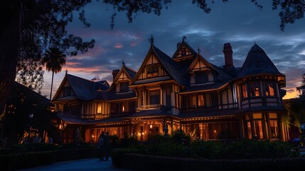Fototapeta premium Ethereal Haunted Mansion at Twilight with Ghostly Apparitions